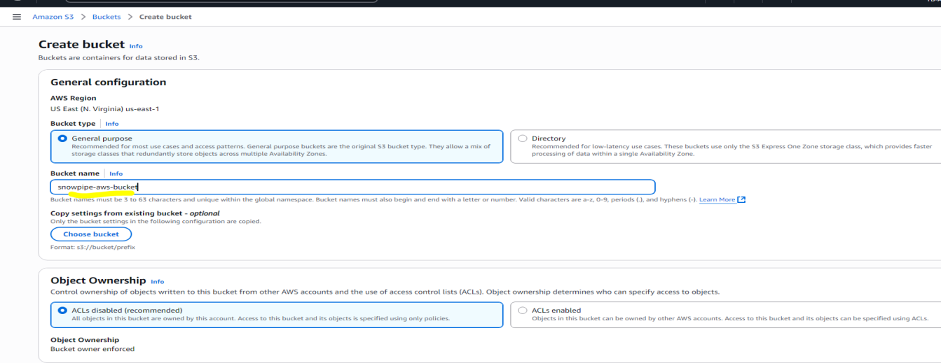 Data ingestion using Snowpipe and AWS Create Bucket