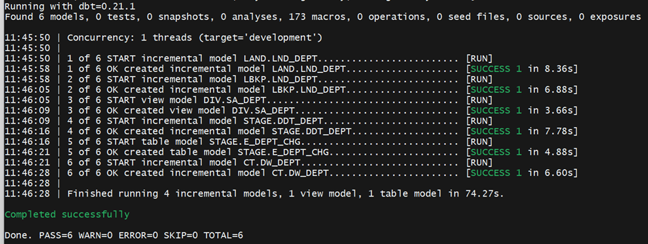 DBT ELT Working Example Console Output