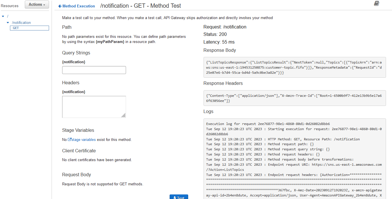 Integrate AWS Service with API Gateway Method Test