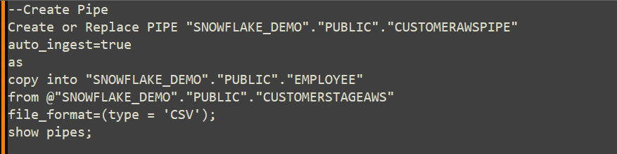 Data ingestion using Snowpipe and AWS Create Pipe with Auto-Ingest