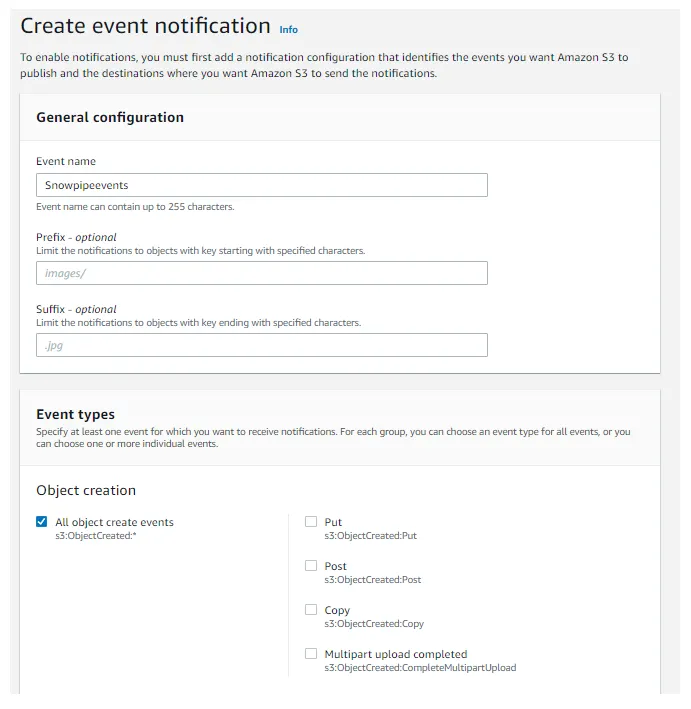 Data ingestion using Snowpipe and AWS Create AWS Event Notification