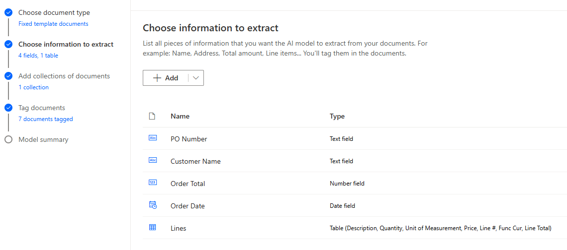 Automated Purchase Order Processing with Microsoft Power Automate and AI Builder Choose Info to Extract