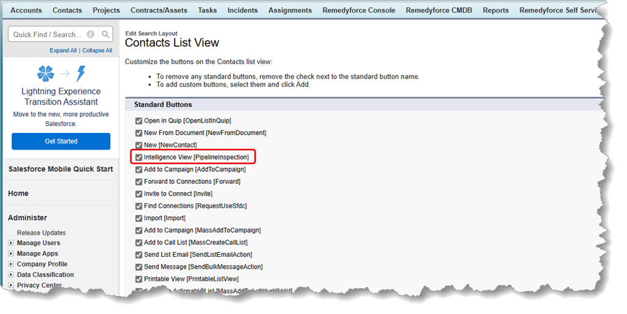 What is the Intelligence View in Salesforce? Contacts List View Add Button