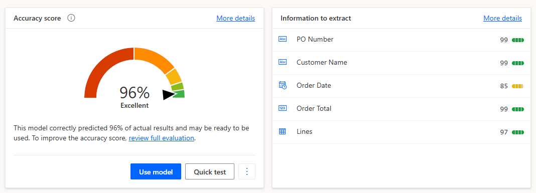 Automated Purchase Order Processing with Microsoft Power Automate and AI Builder Test Accuracy Score