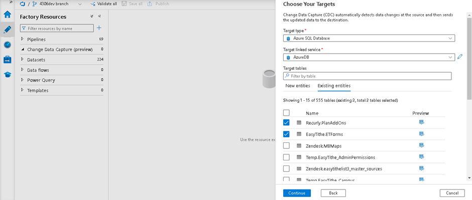 Change Data Capture Using Azure Data Factory Target Options Page