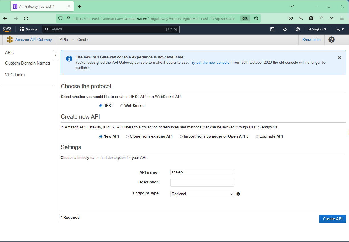 Integrate AWS Service with API Gateway Create a New API