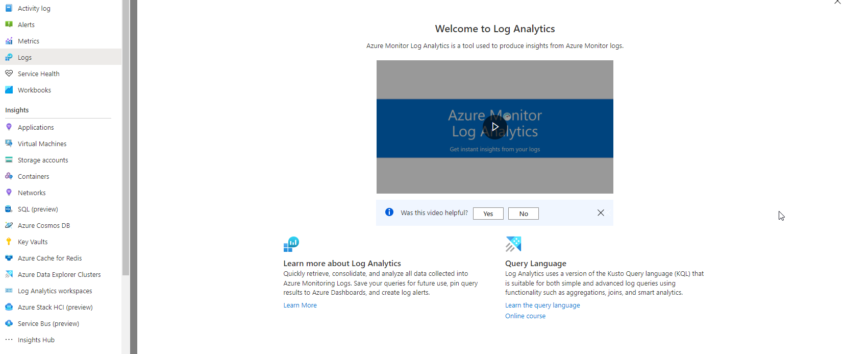 Azure Monitor Log Analytics Tool in Azure Portal