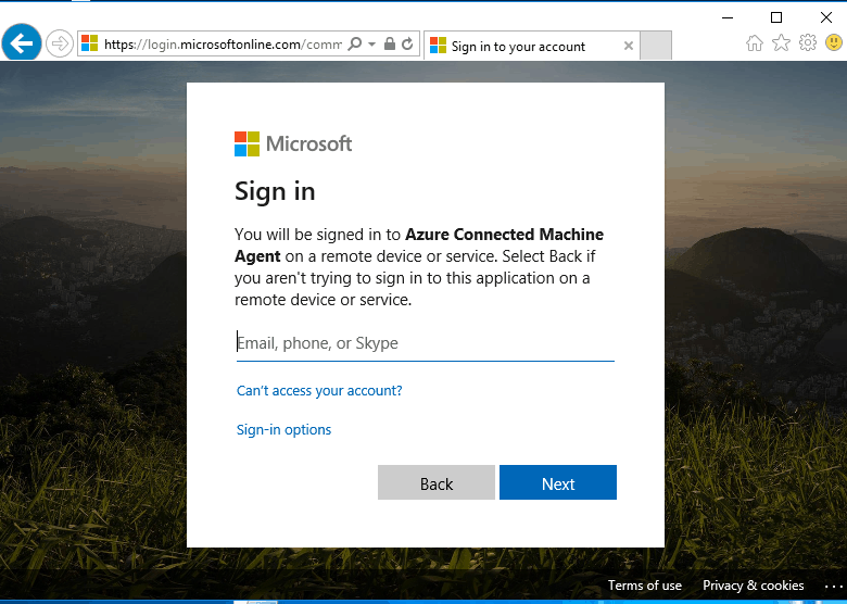 How to Install Agent for Hybrid Management via Azure Arc - web browser prompt 17