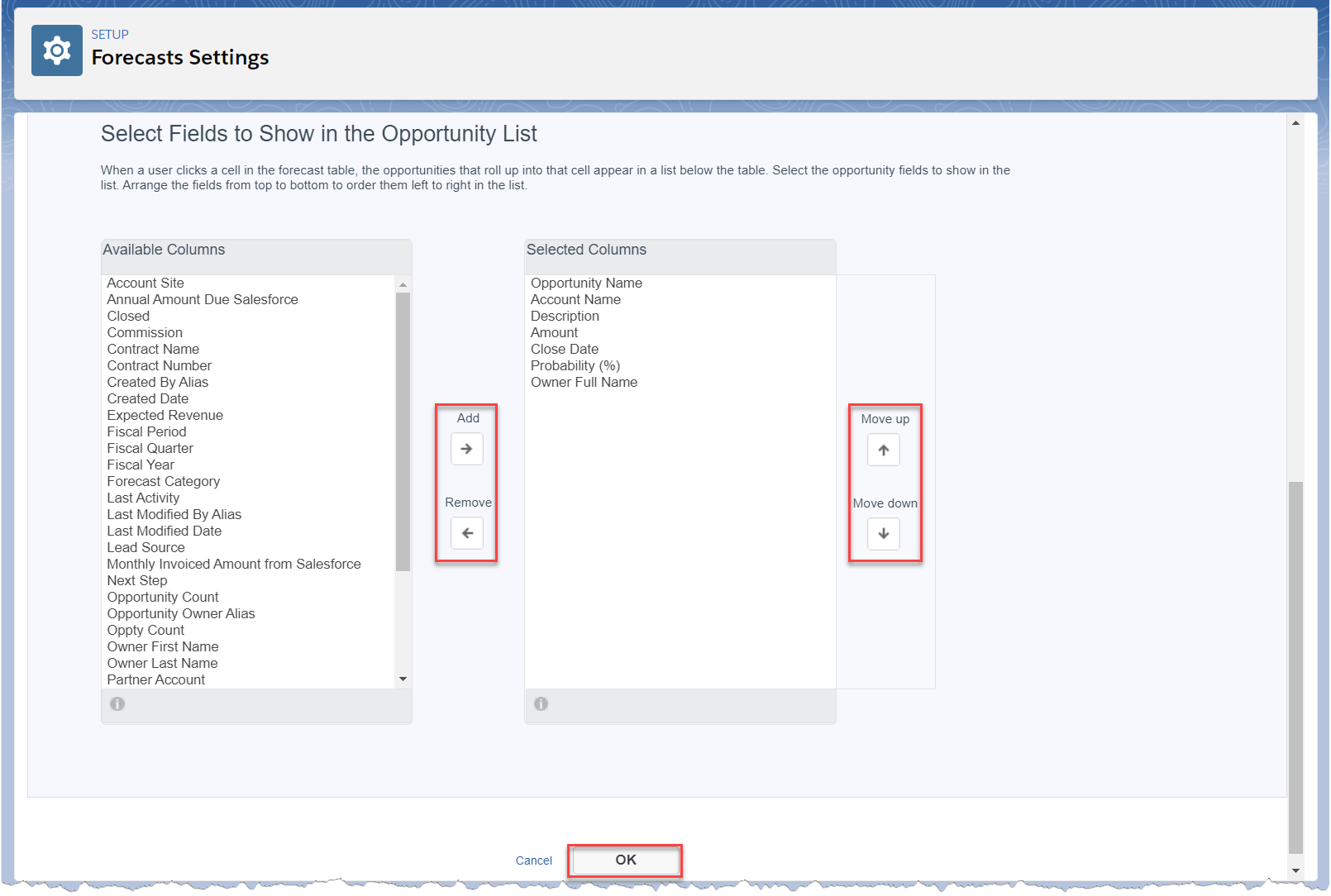 Select Fields to Show Opportunity List