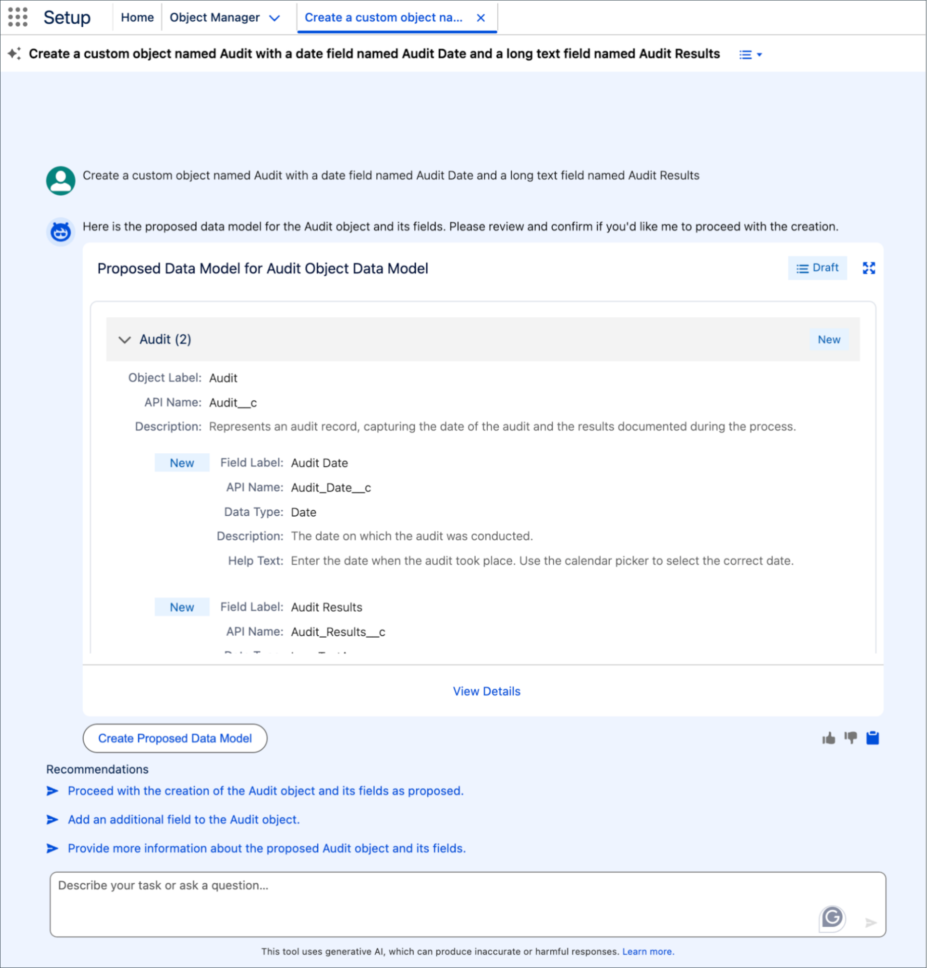 Setup with Agentforce Beta Create a Custom Object