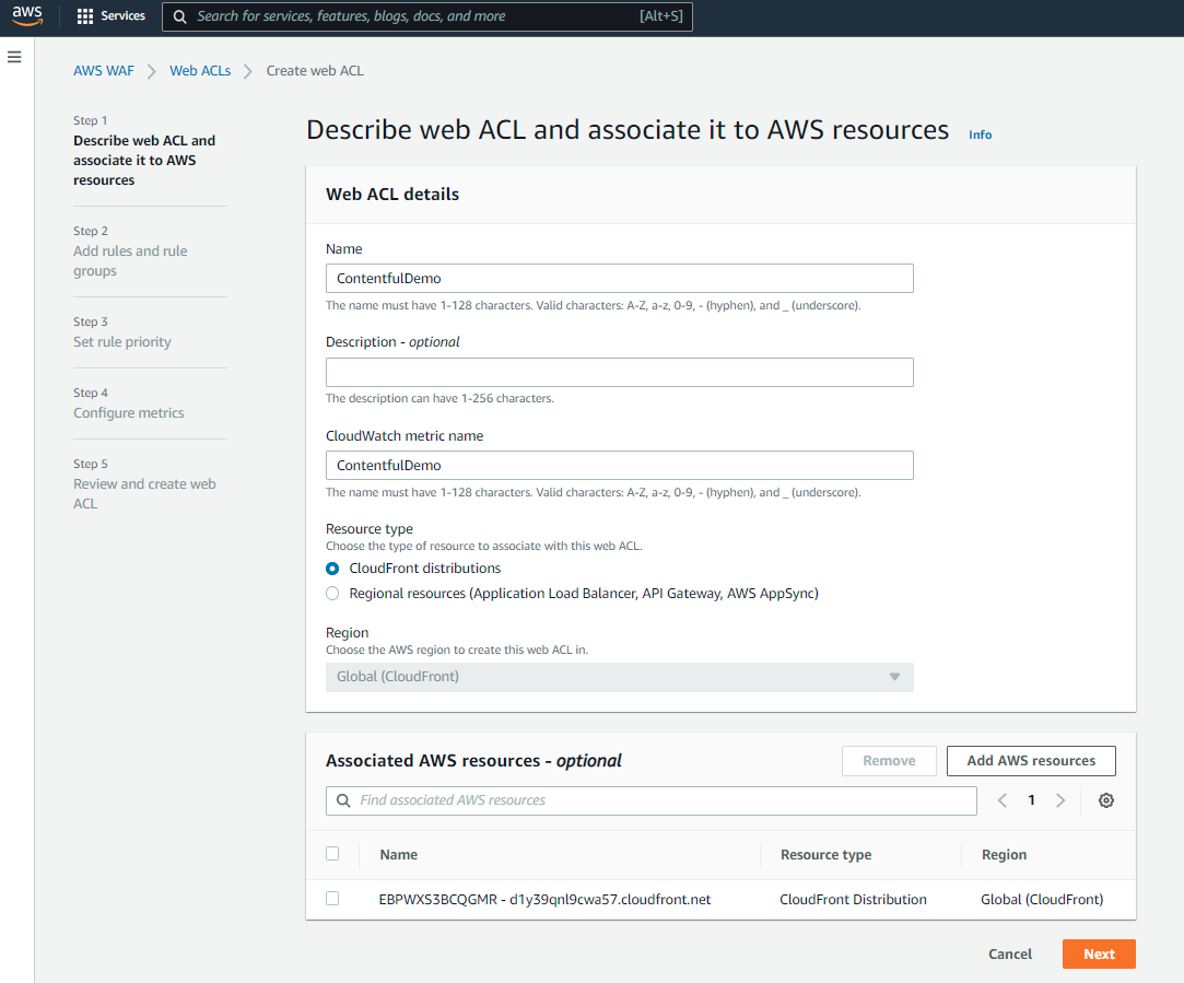 AWS Amplify Contentful NextJS tutorial add and associate web ACL screenshot