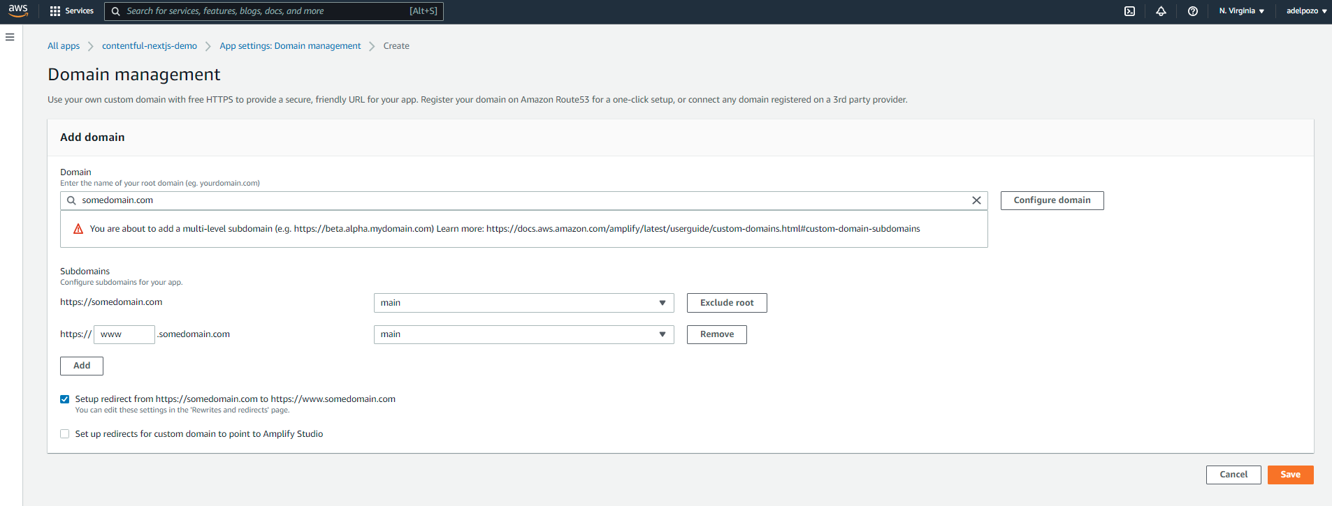 AWS Amplify Contentful NextJS tutorial add domain screenshot