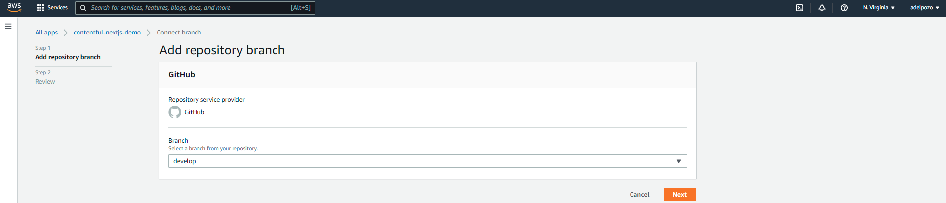 AWS Amplify Contentful NextJS tutorial add repository branch screenshot