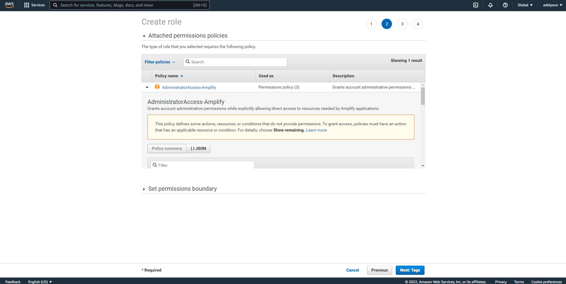 AWS Amplify Contentful NextJS tutorial AdministratorAccess Amplify permissions screenshot