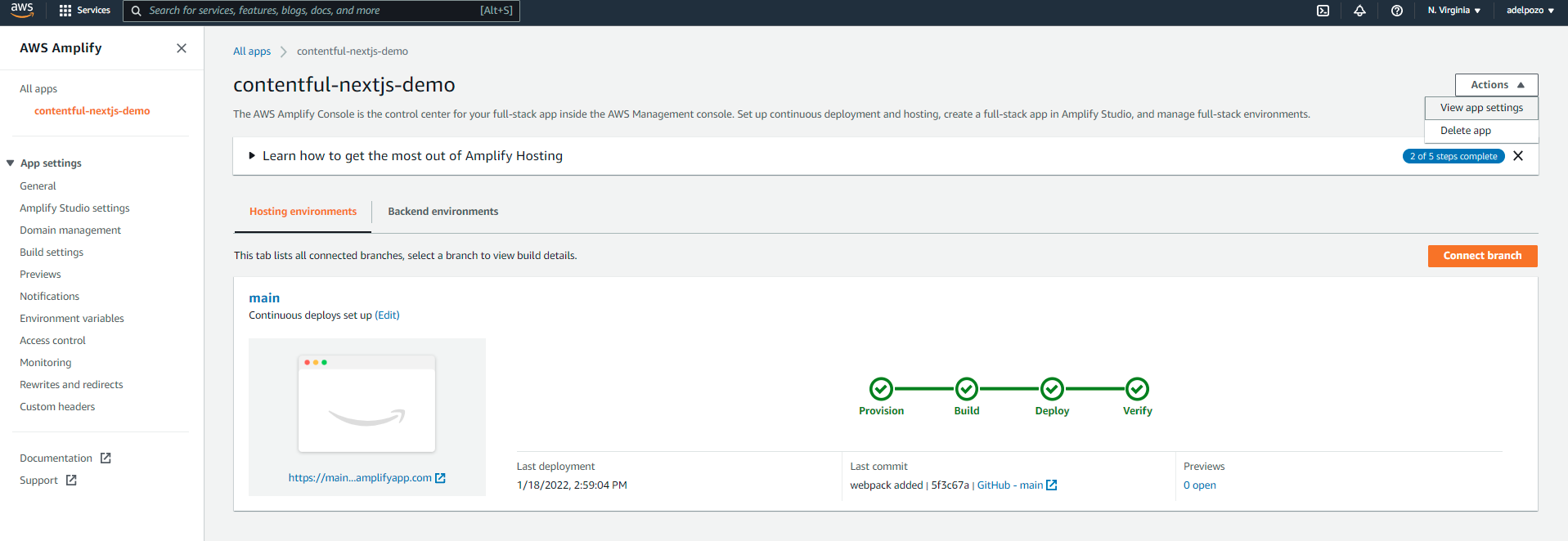 AWS Amplify Contentful NextJS tutorial app settings screenshot