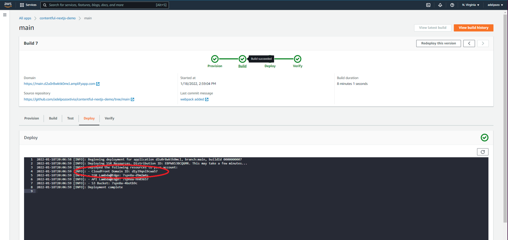 AWS Amplify Contentful NextJS tutorial CloudFront domain ID WAF screenshot