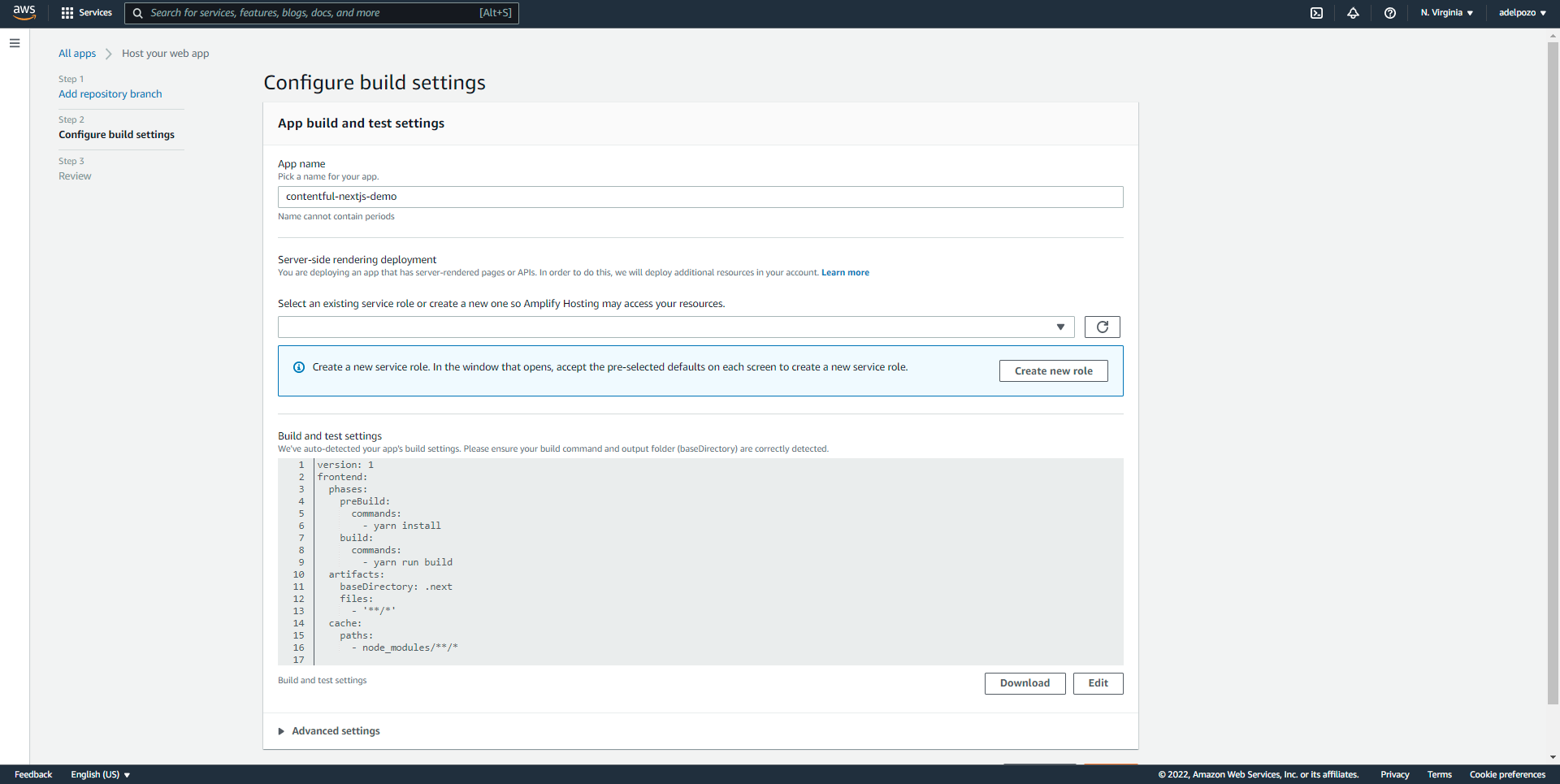 AWS Amplify Contentful NextJS tutorial configure build settings screenshot