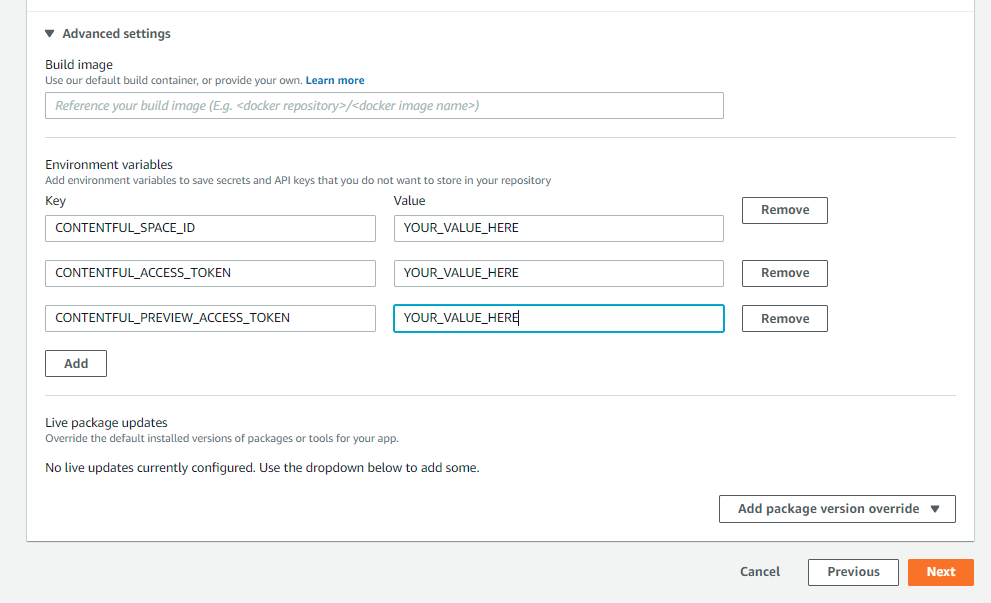 AWS Amplify Contentful NextJS tutorial configure environment variables screenshot