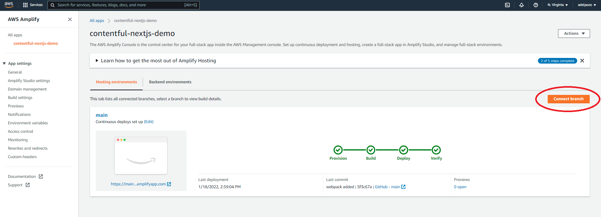 AWS Amplify Contentful NextJS tutorial connect branch screenshot