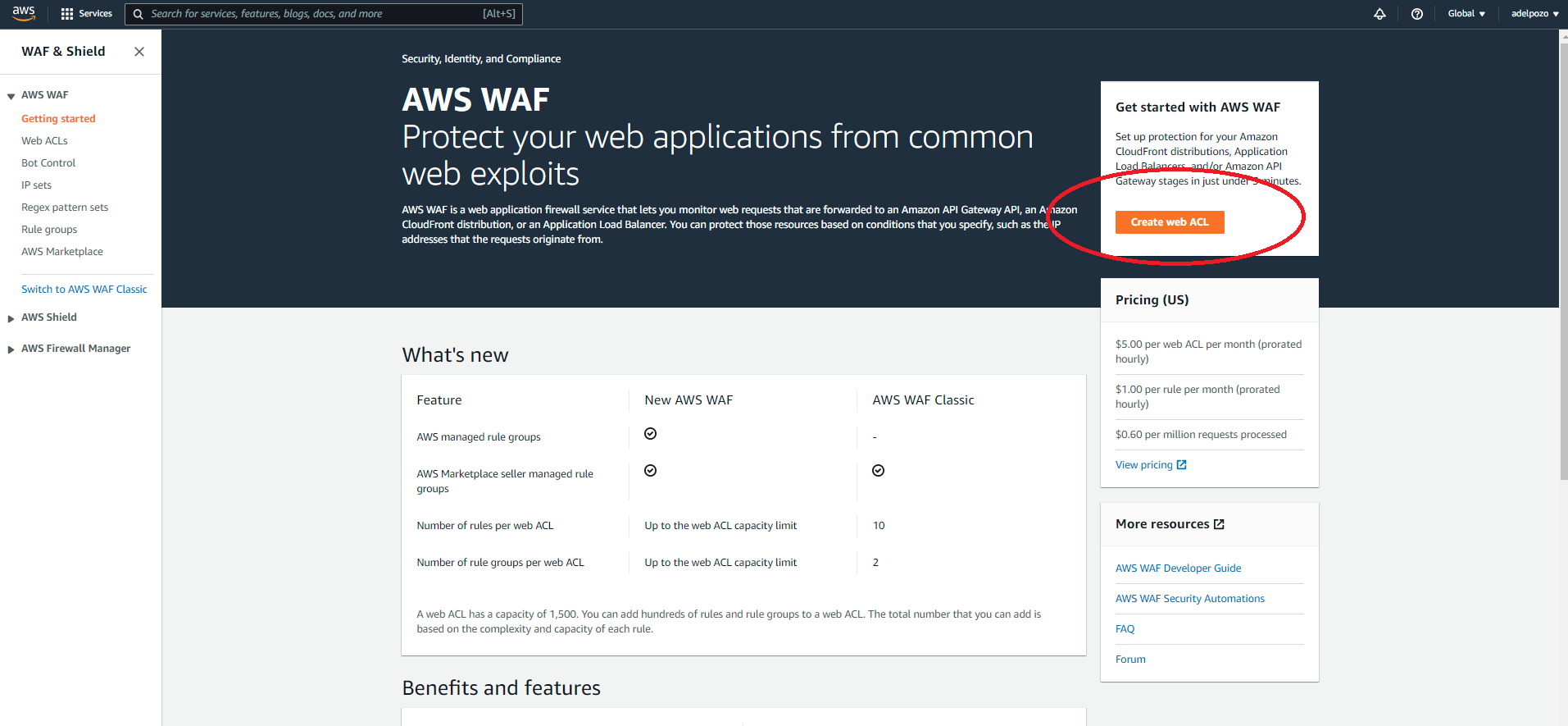 AWS Amplify Contentful NextJS tutorial create web ACL screenshot