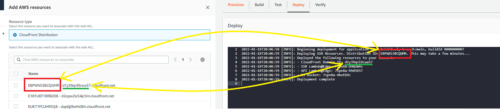 AWS Amplify Contentful NextJS tutorial distribution ID match screenshot