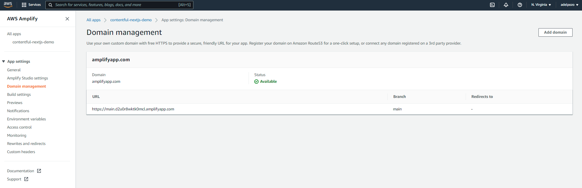 AWS Amplify Contentful NextJS tutorial domain management screenshot