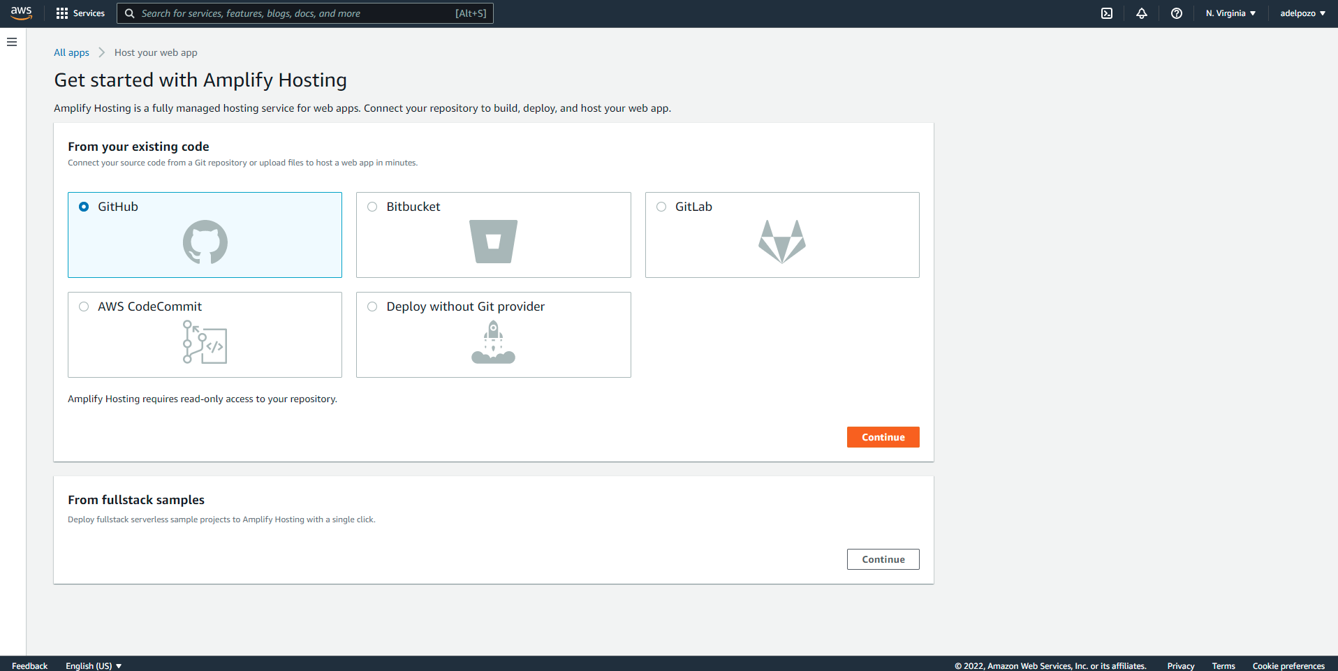 AWS Amplify Contentful NextJS tutorial GitHub linked account screenshot