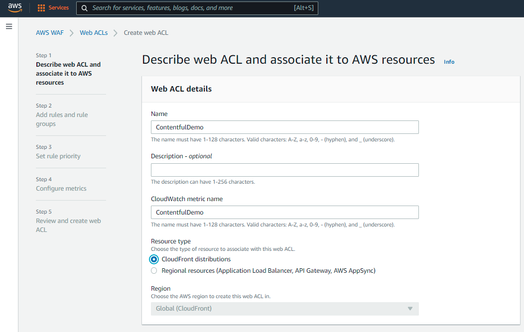 AWS Amplify Contentful NextJS tutorial name web acl cloudfront distributions screenshot