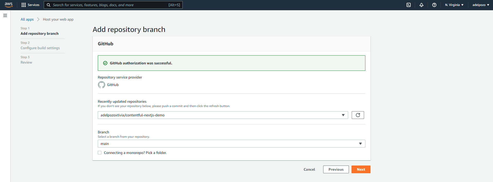 AWS Amplify Contentful NextJS tutorial repository branch screenshot