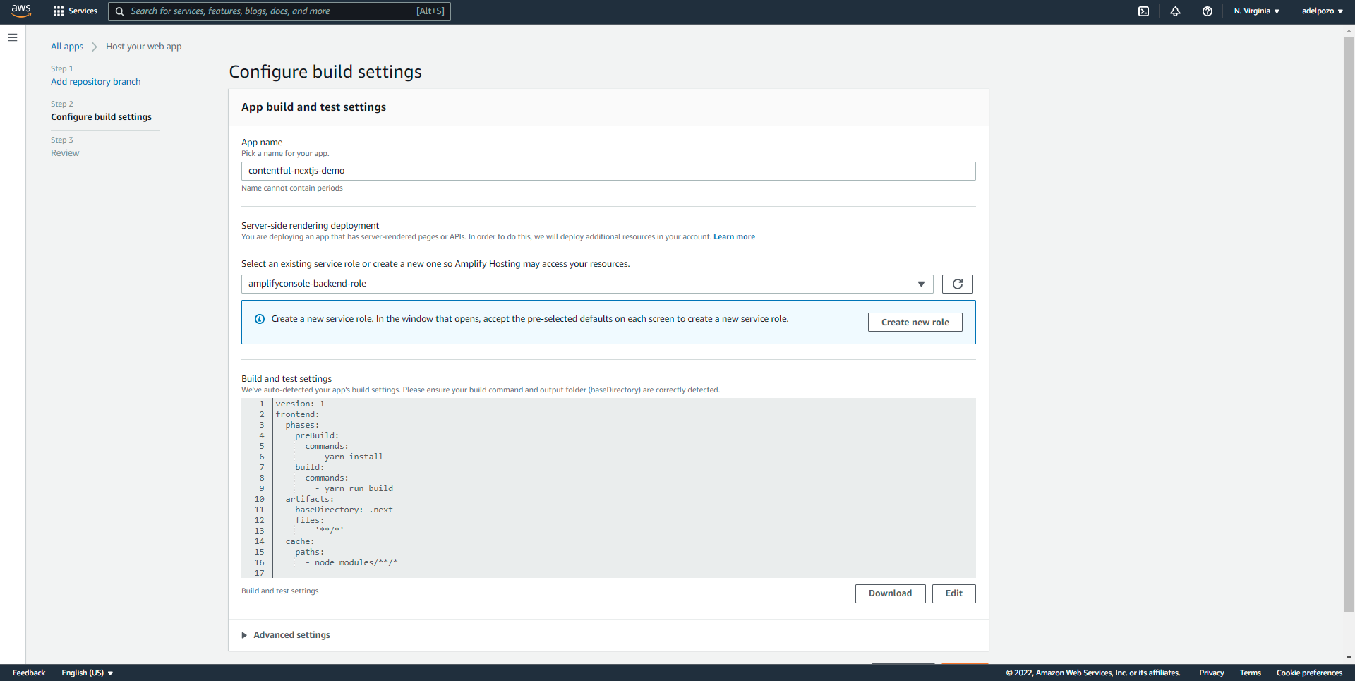 AWS Amplify Contentful NextJS tutorial select created role screenshot