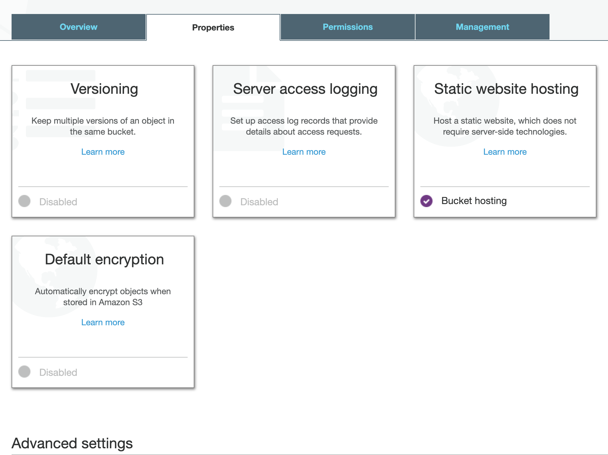 bucket properties enable static website hosting