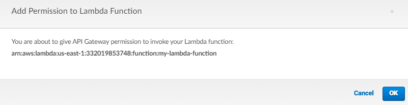 NodeJS AWS Lamda API Gateway tutorial Add Permission Screenshot