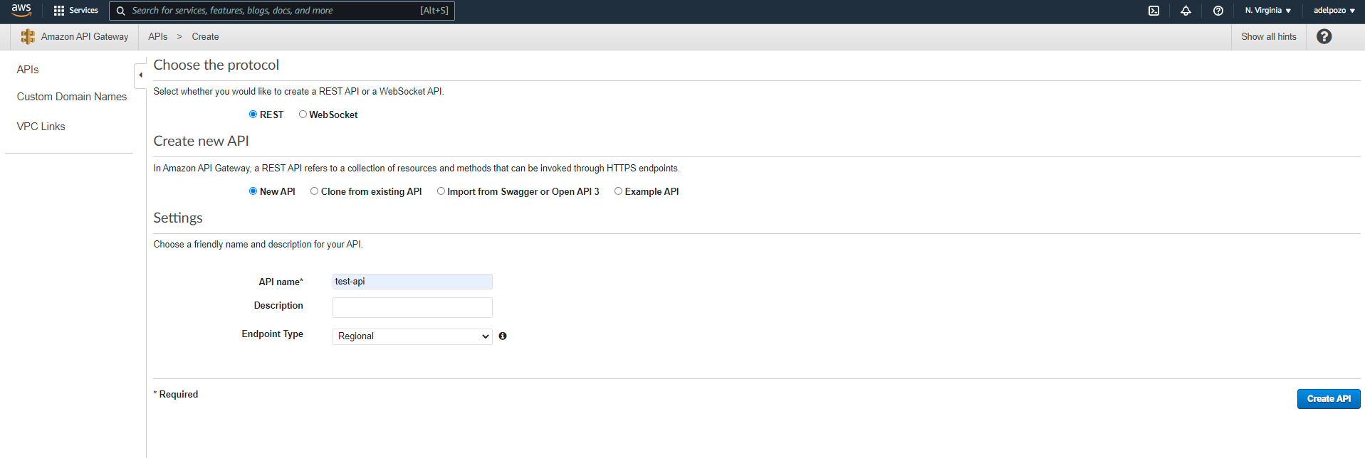 NodeJS AWS Lamda API Gateway tutorial Create API screenshot