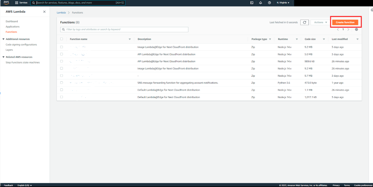 NodeJS AWS Lamda API Gateway tutorial Create Function Screenshot