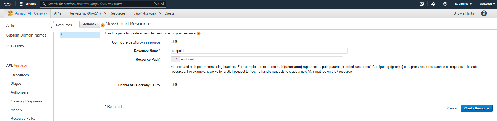 NodeJS AWS Lamda API Gateway tutorial Create Resource Screenshot