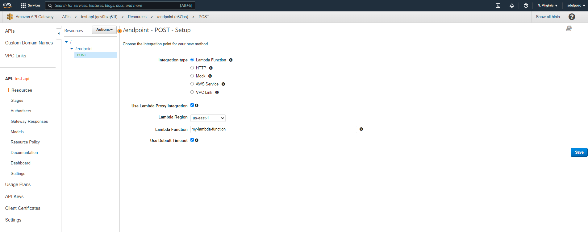 NodeJS AWS Lamda API Gateway tutorial post setup screenshot