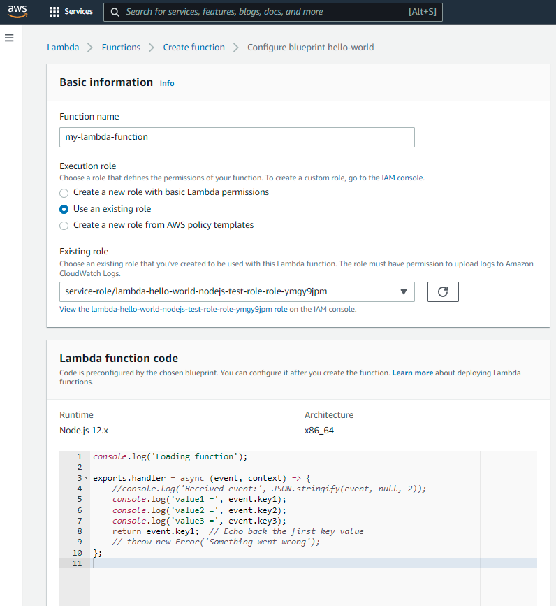 NodeJS AWS Lamda API Gateway tutorial role screenshot