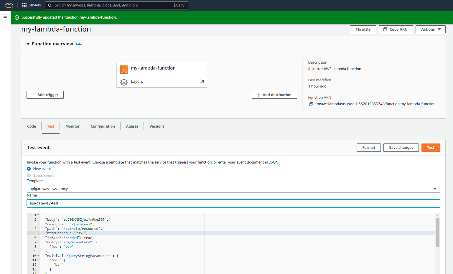 NodeJS AWS Lamda API Gateway tutorial test event screenshot