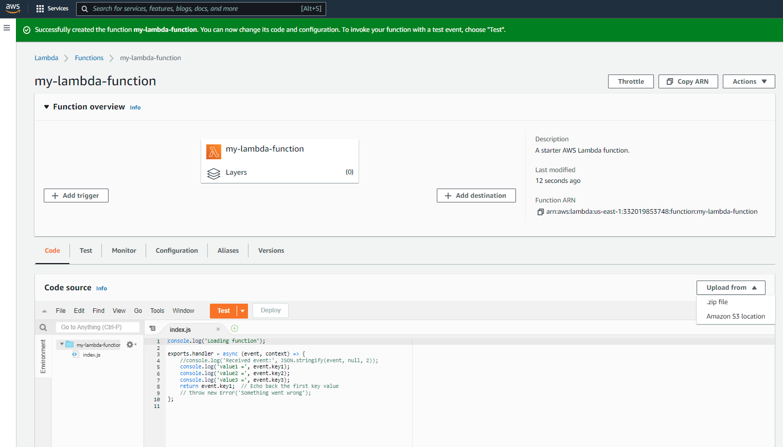 NodeJS AWS Lamda API Gateway tutorial upload zip screenshot