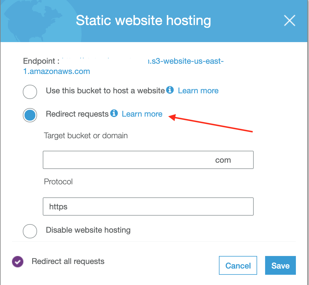 static website hosting properties redirect requests