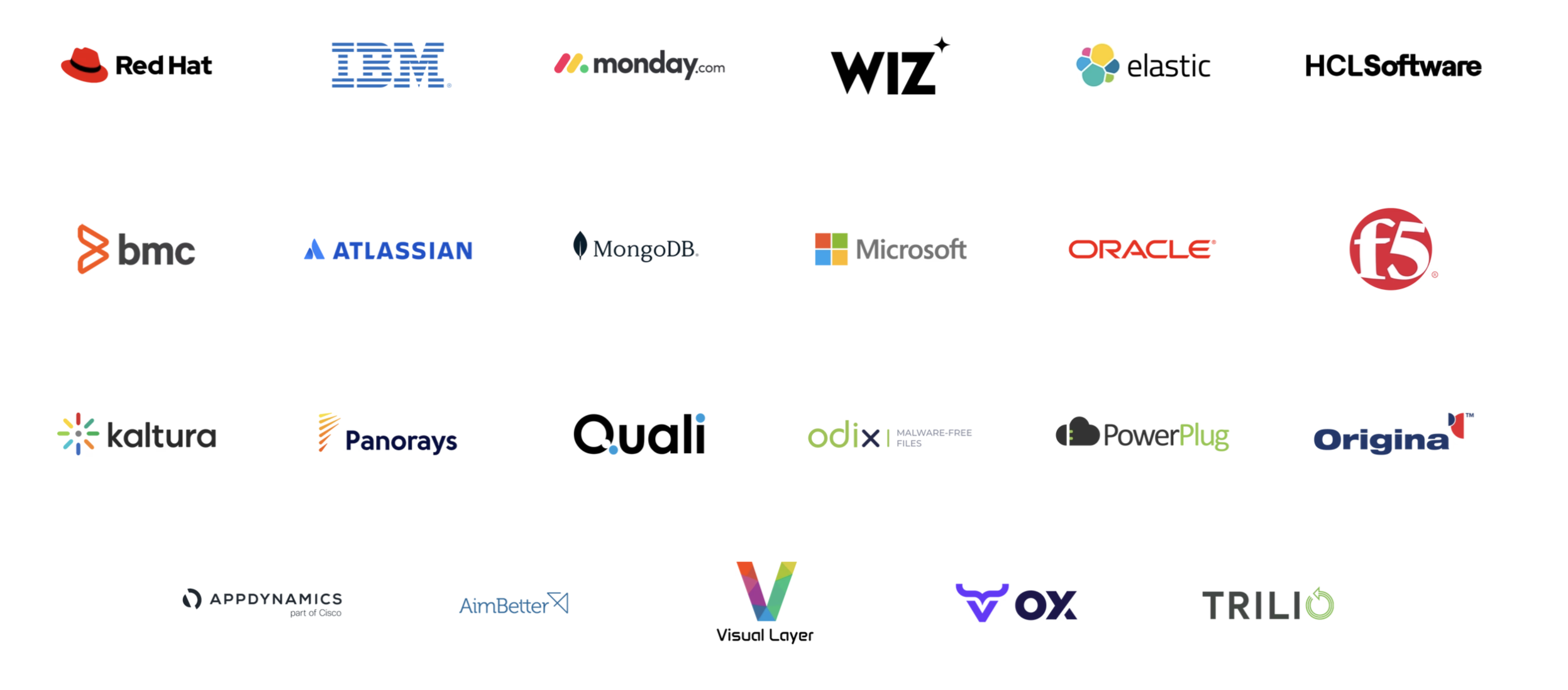 xtivia-software-shop-logos-feb-2025 software partner logos ibm kaltura wiz mongodb bmc monday redhat atlassian vicarius microsoft oracle owncloud calcom hclsoftware elastic appdynamics origina trilio f5 quali aimbetter ox panotays